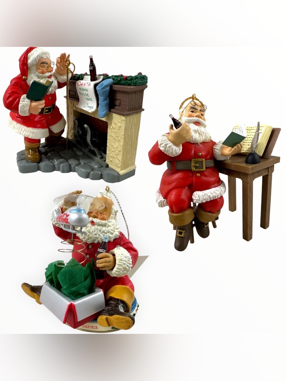 Vintage Coca-Cola Trim A Tree Santa Christmas Ornaments Lot of 3 Boxed